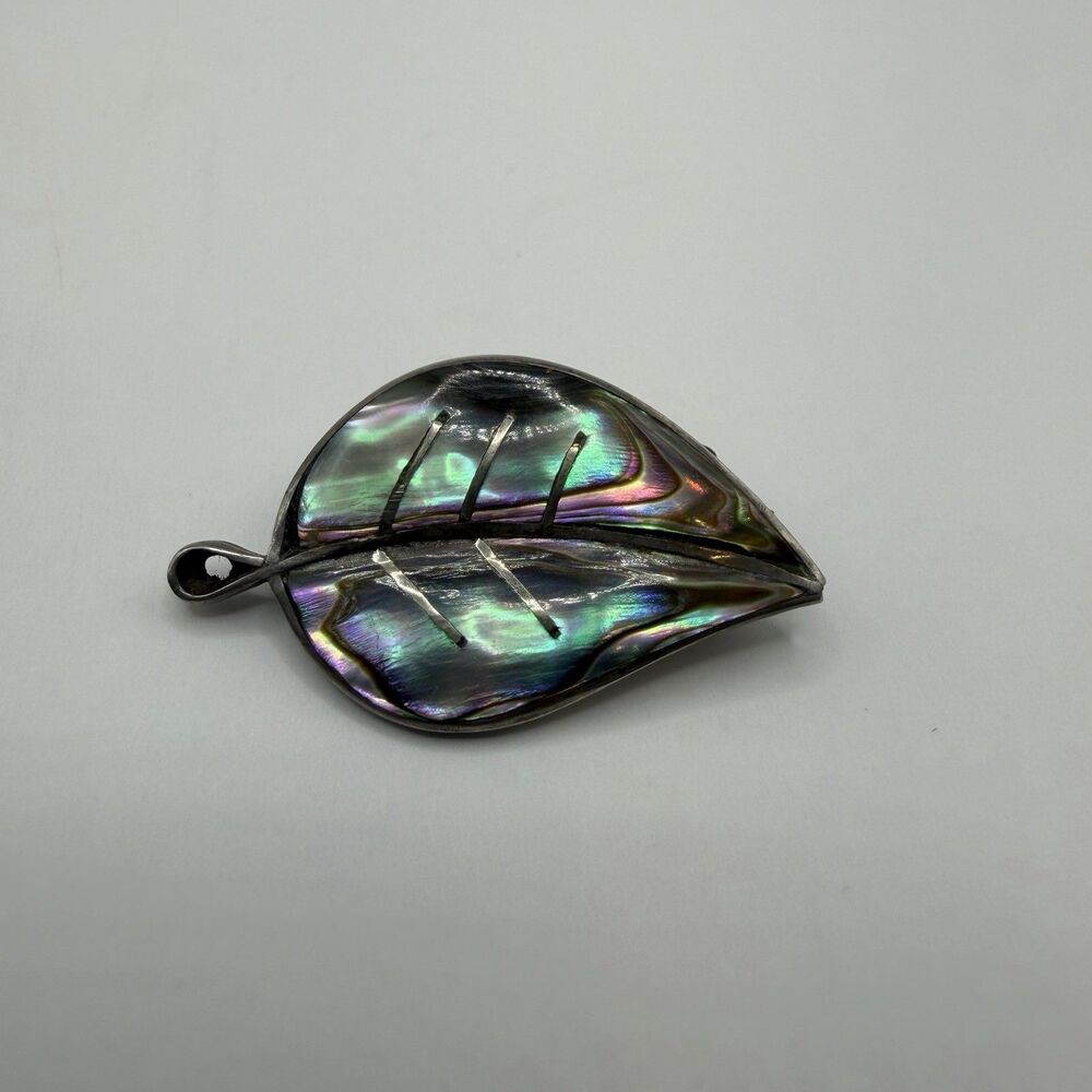 Vintage Sterling Silver 925 Abalone Shell Leaf Brooch Pin